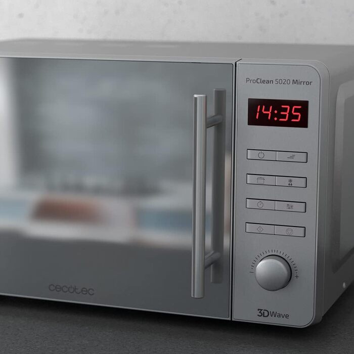 Мікрохвильова піч Cecotec Pro Clean 5020 Mirror: 700 Вт, 20 л, нержавіюча сталь, 8 програм, LCD-дисплей, таймер 60 хв, технологія 3D Wave