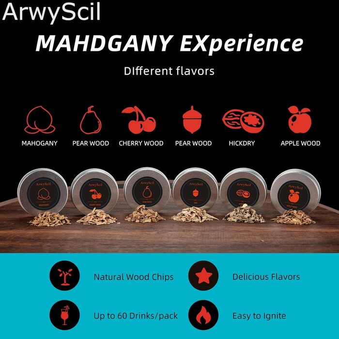 Набір для копчення коктейлів та віскі з ліхтариком: ретро-сет для вечірок, 6 смаків, подарунок для чоловіків, батька