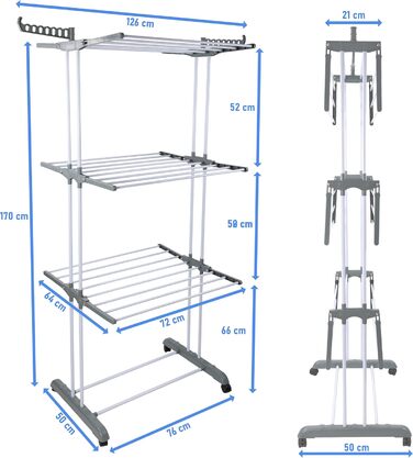 Сушарка для білизни H&F Turmwäscheständer 4-ярусна на колесах з гальмами, 170 см, до 40 кг