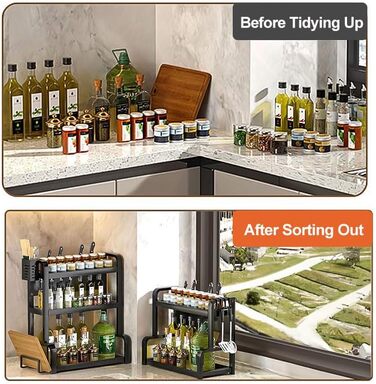 Стійка для спецій Devesanter на 2 яруси, велика місткість, з контейнерами, органайзер для кухні, з підставкою для дощок, з гачками, чорний