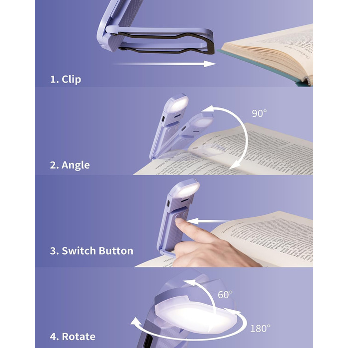 LED-ліхтарик для читання (книжкове світло) Wiederaufladbares, ультралегке, з 3 кольорами та 5 рівнями яскравості, диммується, портативне, фіолетово-чорне