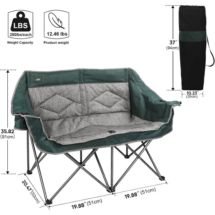 Розкладний крісло-диван Northroad для кемпінгу на 2 особи, портативне, м'яке, для саду, пікніків, пляжу, подорожей (темно-зелене)