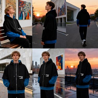 Чоловіча толстовка з капюшоном RUIZEHONG з блискавкою, спортивна куртка, кольорові блоки, повсякденний стиль, з кишенями, біло-чорна (чорно-синя, S)