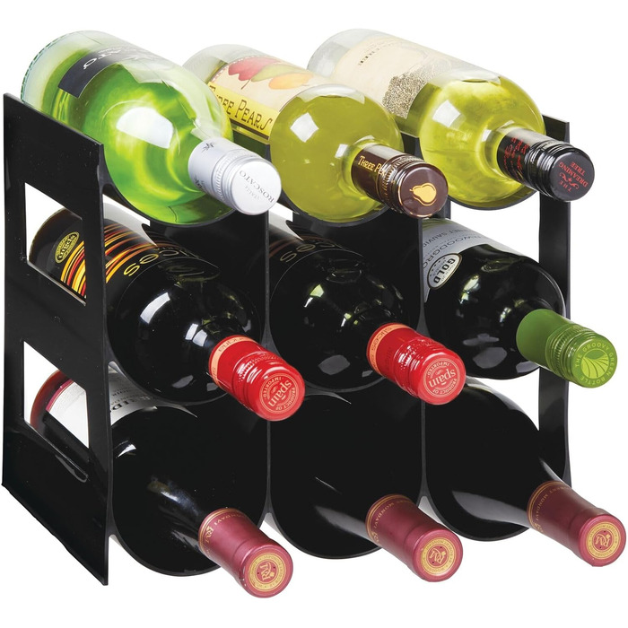 mDesign Practical Wine and Bottle Rack – Plastic Wine Rack Holds Up to 9 Bottles – Freestanding Shelf for Wine Bottles or Other Beverages – Black