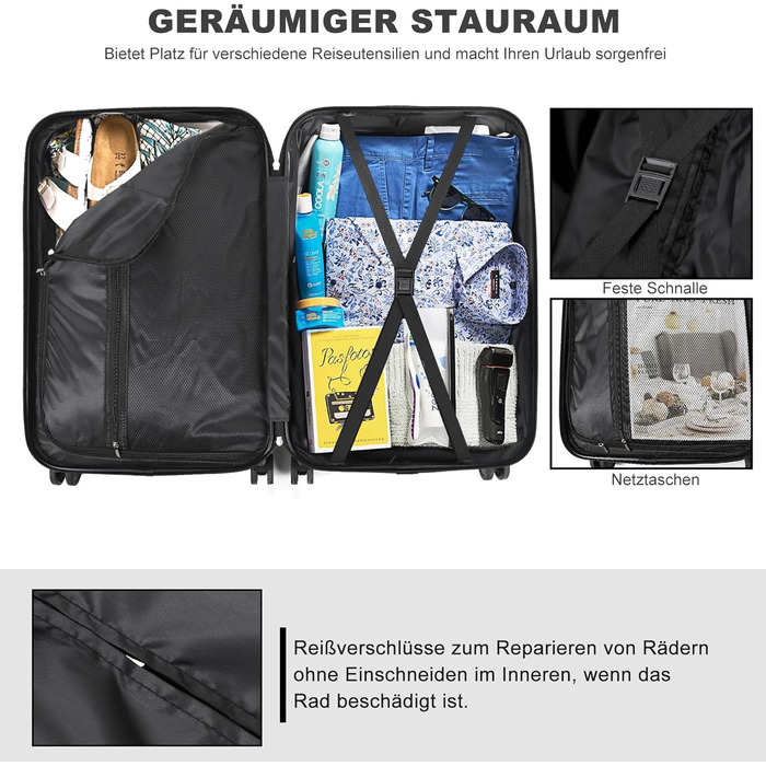 Великий валіза з ABS-пластику, Trolley, валіза для подорожей з 4 колесами (360°), кодовий замок з 3 цифрами та телескопічний ручка з алюмінію (XL – 95л) (Хмарно-блакитний, валіза L)