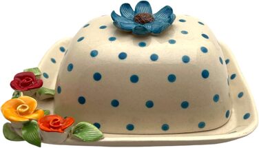 Ceramic Butter Dish with Lid, Colorful, Hand-Painted (dotted blue flower)
