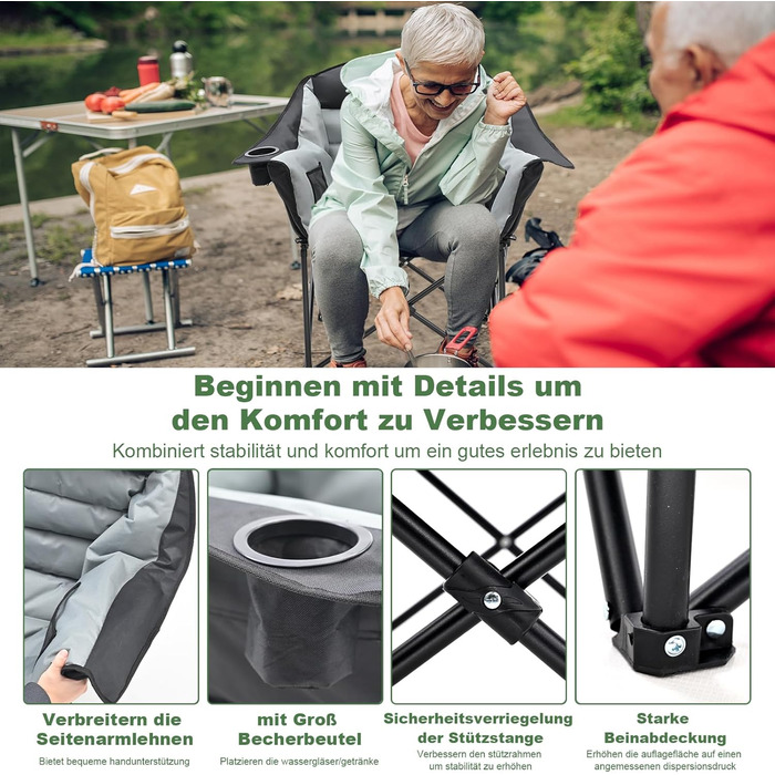 Кемпінговий стілець складний (200 кг) з подушкою 6 см - великий, для риболовлі, кемпінгу, саду та фестивалів - міцний, з бічними кишенями та сумкою для перенесення, чорно-сірий