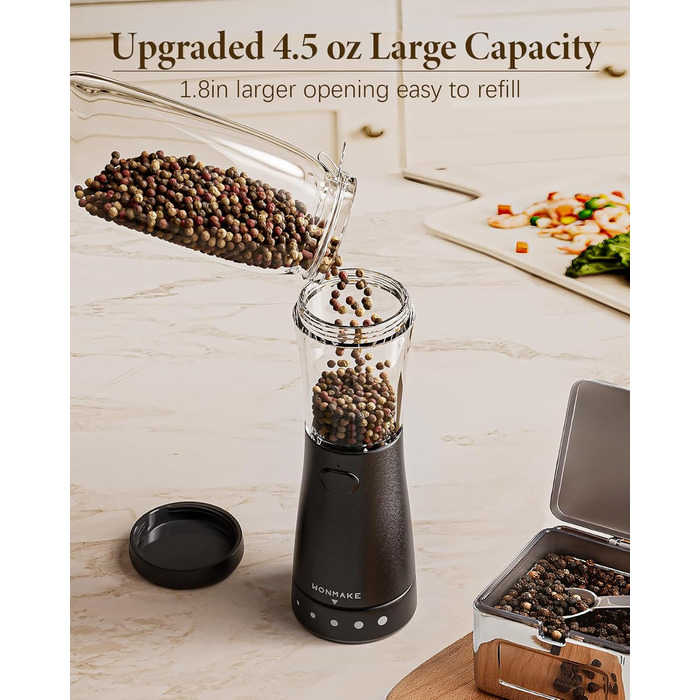 Salt and Pepper Grinder Electric 2-Piece Set with USB Rechargeable, Improved 4.5oz Large Capacity Spice Grinder Electric, Adjustable Coarseness with LED Light, Ideal for the Kitchen (Black/White)