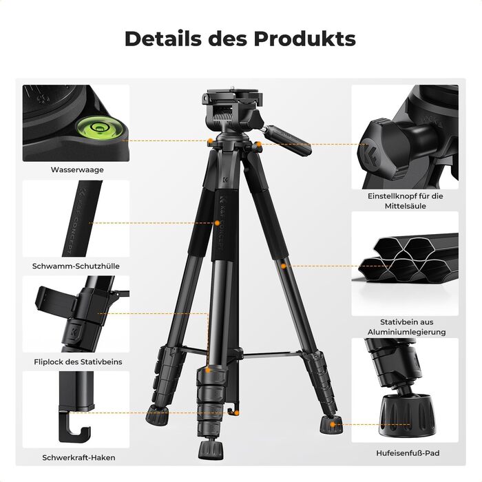 Штатив K&F Concept S255A3+BV01: Легкий штатив 190 см з сумкою та підставкою для смартфона/камери