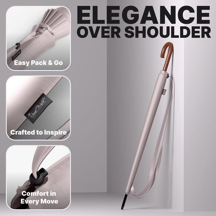 Гольф-парасолька Royal Walk XXL 54 дюйми (140 см) для 2 особи, автоматична, вітростійка, з дерев'яною ручкою, 16 ребер, унісекс, бежева