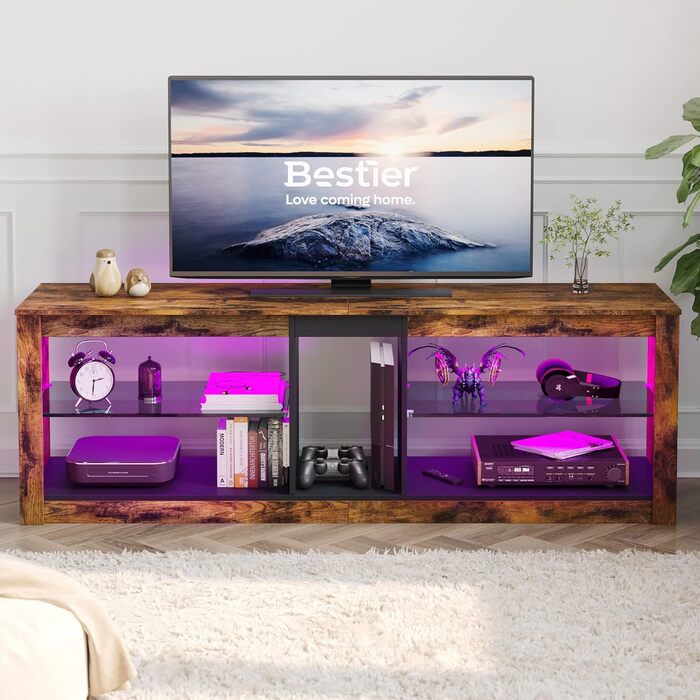 ТВ-тумба Bestier для телевізорів до 65 дюймів, 140×35×47 см, з LED-підсвіткою, кабель-менеджментом, скляною полицею, коричнева
