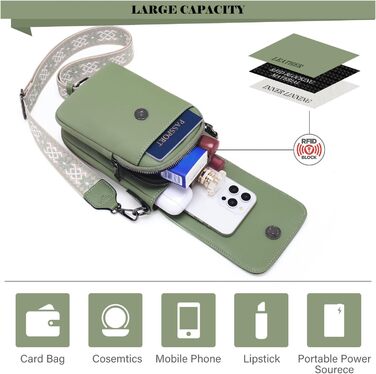 Сумка-органайзер на шию MUIIKOLA з RFID-захистом для телефону, веганська шкіра, зелений світлий. Сумка через плече для жінок з широким ременем та гаманцем.