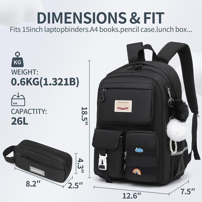 Дитячий рюкзак для підлітка: для школи, ноутбука, подорожей (17 дюймів, чорний)