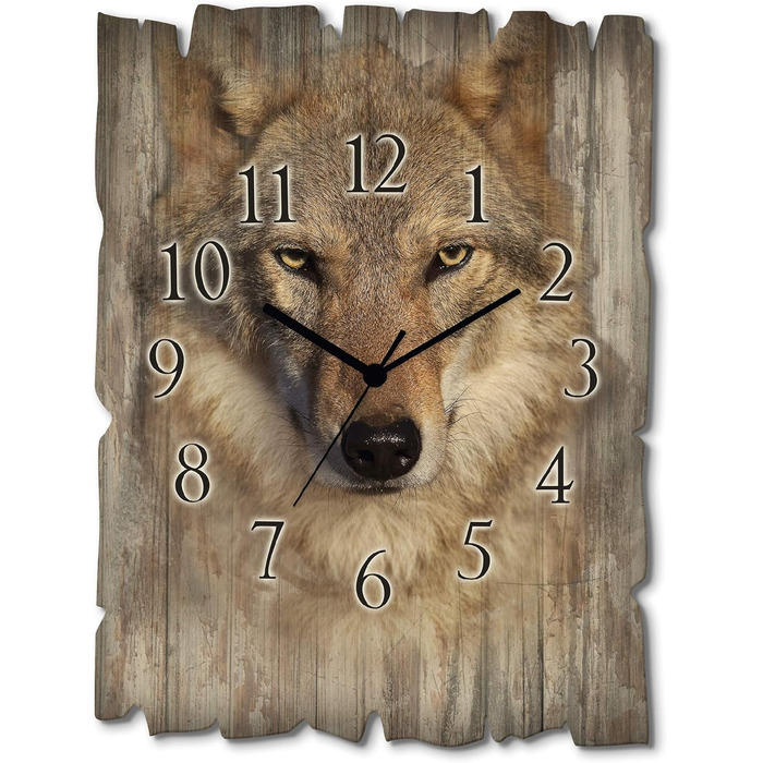 ARTLAND Wall Decor Wall Clock without Ticking Sounds, Wood, 30x40 cm, Rectangular, Silent, Nature, Animals, Forest Landscape, Original, Nordic, T5YP (Wolf, Radio Clock)