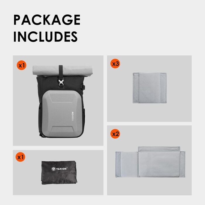 Рюкзак для камери Tarion Rolltop: професійний фоторюкзак з жорсткою оболонкою, відділенням для 16-дюймового ноутбука, сумісний з DSLR/SLR камерами, об'єктивами та штативом (сірий)