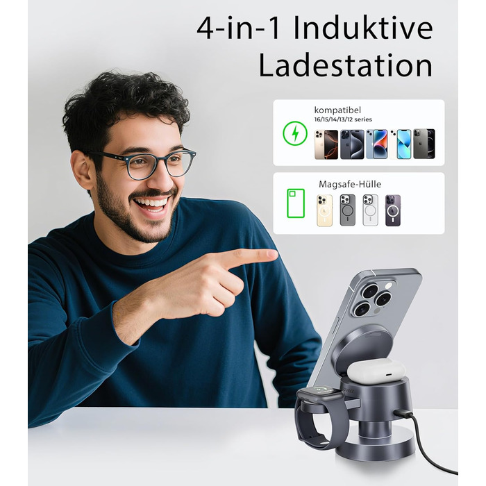 База для зарядки 4-в-1 для iPhone 17/16/15/14 Pro Max, бездротовий зарядний стан з нічним світлом, сумісний з Apple Watch та AirPods (сірий, 20W)