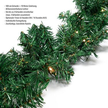 Декоративна гірлянда з LED-підсвічуванням 5 метрів, 80 LED, розширювана, на батарейках, з таймером, шнур 10 метрів, для дому та саду, штучна, тепле біле світло