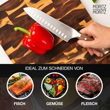 Ніж Santoku Moritz & Moritz 18 см - професійний кухонний ніж у японському стилі з надзвичайно гострою клинком - для м'яса, суші та іншого. Ергономічна ручка з акації. Німецька сталь Santokumesser