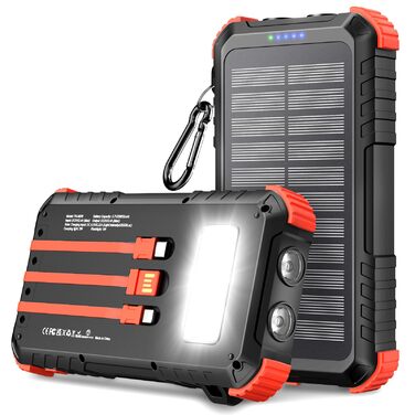 Сонячний Power Bank 26800mAh з PD15W, USB-C, 5 виходів, 3 входи, водонепроникний, з 3 кабелями, 2 ліхтариками та карабіном для кемпінгу, оранжевий