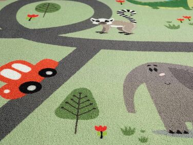 Дитячий килим Happy Life: Ігровий килим з мотивом доріг, джунглі, тварини та машинки, антиковзкий, 80x150 см (прямокутний 240x340 см, зелений)