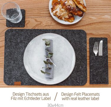Felt Table Placemats - Set of 24 Table Coasters - Washable Felt Placemats - 8 Placemats, Glass Coasters, Cutlery Pouches | Dark Gray | Square Felt Coasters - Placemats for Christmas