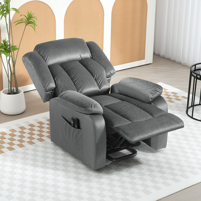HOMCOM TV Chair with Rise Assist, Electric Recliner with Lie-flat Function, Vibration Massage, Heating Function, TV Chair with Pocket Coil Spring, Side Pocket and Remote Control, Dark Grey | Aosom
