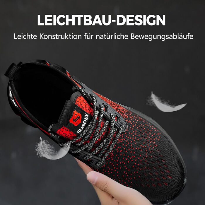 Зручні робочі черевики Suadex з металевим носком для чоловіків та жінок. Дихаючі, розміри 37-48 EU, колір червоний