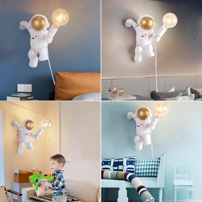 FREEUP Wall Lamp for Children's Room with Plug, Astronaut Lamp for Children's Room Wall Lamp with Switch and 1.5M Cable, E27 Socket, Max.40W (Without Bulbs), Fun Gifts for Kids Boys Girls