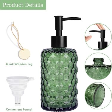 Скляний дозатор для мила 500 мл з хвильовим дизайном для ванної кімнати та кухні, з чорною пластиковою помпою, дерев'яними етикетками та воронкою (вугільний колір, зелений)