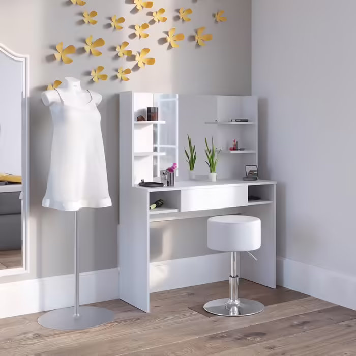 Vicco Vanity Table Daenerys, Dressing Table White, 100 cm White (White, with mirror & stool)