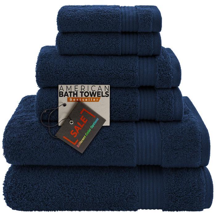 Набір махрових рушників для ванни American Bath Towels з 100% бавовни, ультрам'які та гігроскопічні, 6 предметів (2 банні, 2 для рук, 2 маленькі), темно-синій, XL