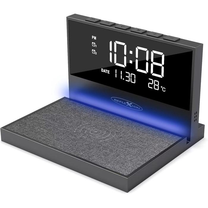Бездротовий зарядний пристрій Reflexion ACW2188: зарядка смартфона, будильник, нічник, USB-порт, великий дисплей