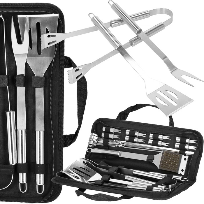 Набір для гриля SPRINGOS 5 предметів з нержавіючої сталі: щипці, лопатка, ніж, виделка, пензлик + сумка для зберігання