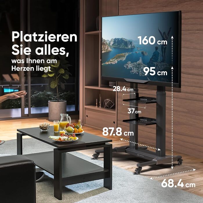ONKRON Mobile TV Stand for 40-80 inch TVs - Adjustable Height, Aluminum, VESA 700x400, Black - TS2771-B