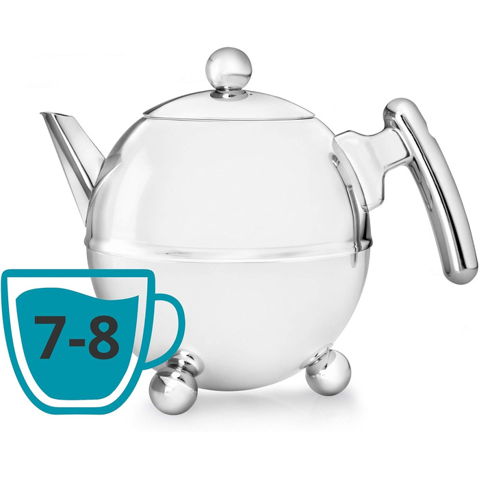 Bredemeijer round, double-walled stainless steel teapot, 1.2 Liter with chrome-colored handle (1.5 l)