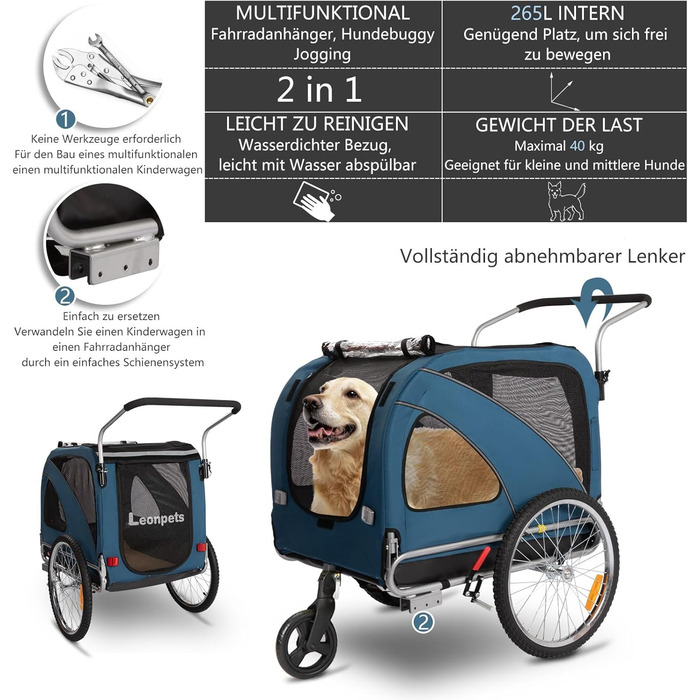 Причіп для собак XL для велосипеда та візка 2-в-1 з гальмом та світловідбивачами, міцний матеріал 600D Oxford, вантажопідйомність до 40 кг (Блакитний)