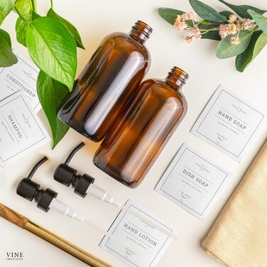 2-Pack Soap Dispenser Set for the Kitchen with Stainless Steel Pump, Amber Glass, 475ml, Hand Soap Dispenser for the Bathroom, Dish Soap Dispenser for the Kitchen with Waterproof Labels