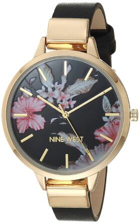 Жіночий наручний годинник Nine West з квітковим циферблатом на ремінку (Чорний/Золотий)