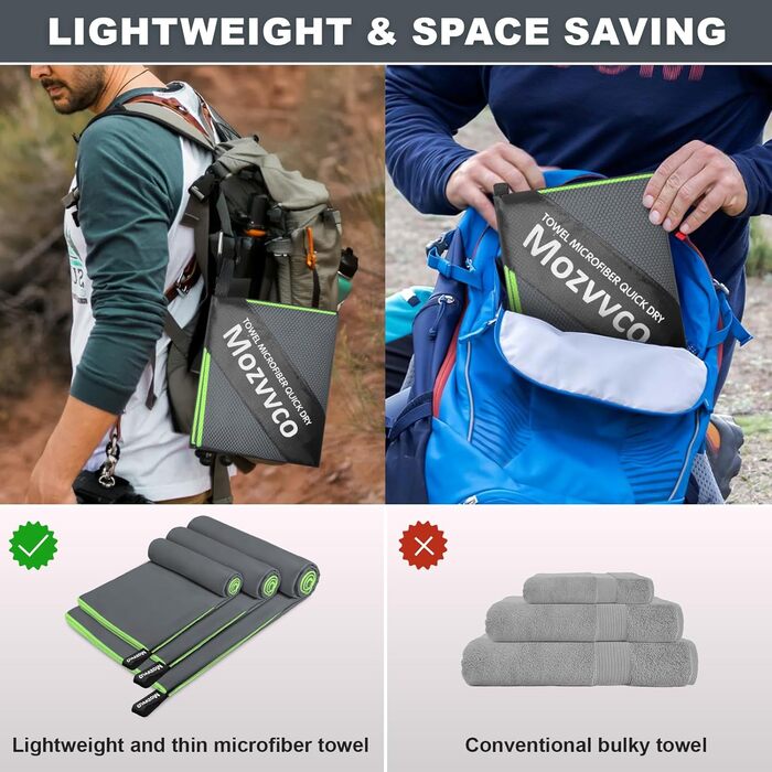 Набір рушників з мікрофібри: великий (180x80 см), спортивний (100x50 см), пляжний (80x40 см). Колір: темно-сірий та зелений