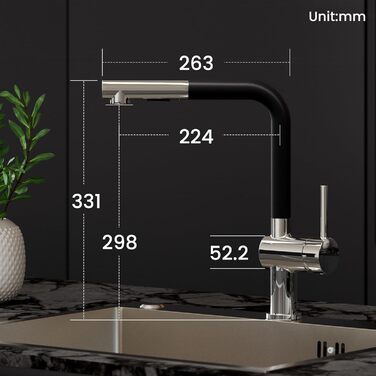 Змішувач для кухні CECIPA X203B чорного кольору з висувною насадкою, поворотний на 360°, з двома типами струменя, з нержавіючої сталі