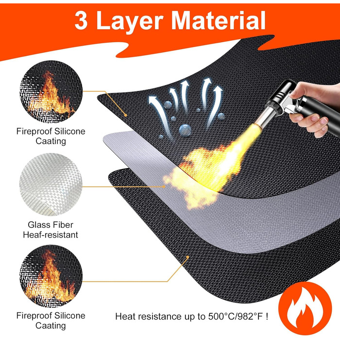 Стійка до вогню підставка під гаряче 50x70 см | Силіконовий килимок для захисту від вогню | Килимок для плити, фритюрниці, кавомашини | Чорний, антиковзний, водонепроникний