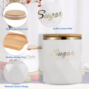 BTSKY White Ceramic Canisters for Sugar, Coffee, Tea, with Lid and Tray, Airtight, Set of 3 Storage Containers, Food Storage Containers, Pots, Jars with Bamboo Lids for Kitchen Counter