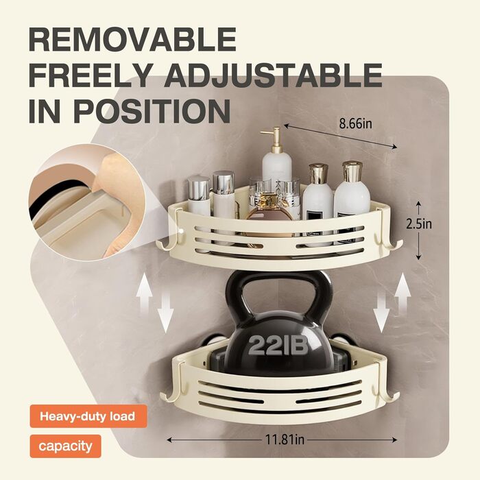 Поличка для душу Lekesky без свердління, кутова, з міцними присосками, алюміній, нержавіюча сталь, знімна, для ванної кімнати, кухні, орендованого житла (2 шт., кремовий колір з тримачем для рушників)