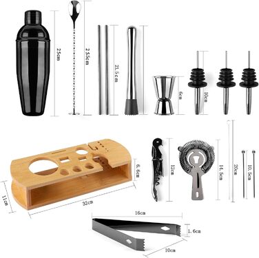 Stainless Steel Cocktail Mix Set - 14 Piece Bartender Kit with Bamboo Stand - 750ml Cocktail Shaker Set - Perfect Gift