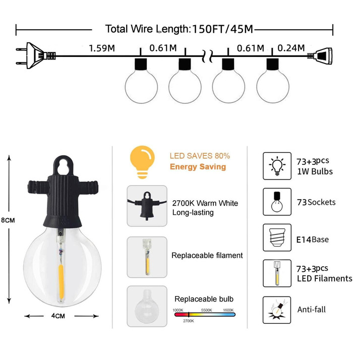 ZOTOYI LED String Lights Outdoor 45M, LED String Lights Bulbs Outdoor with 73+3 G40 Bulbs (3 Replacement Bulbs), IP65 Waterproof Outdoor String Lights Bulbs for Indoor Decoration Outdoors, Party, Festival
