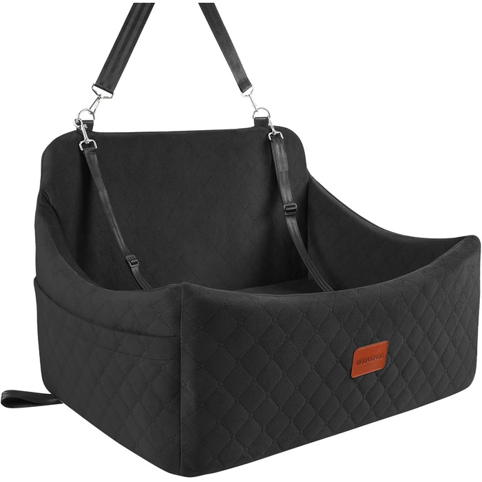 Wooaidagg Memory Foam Dog Car Seat - Washable & Detachable Pet Bed for Medium & Large Dogs - Includes 2 Leashes (Black, Large)