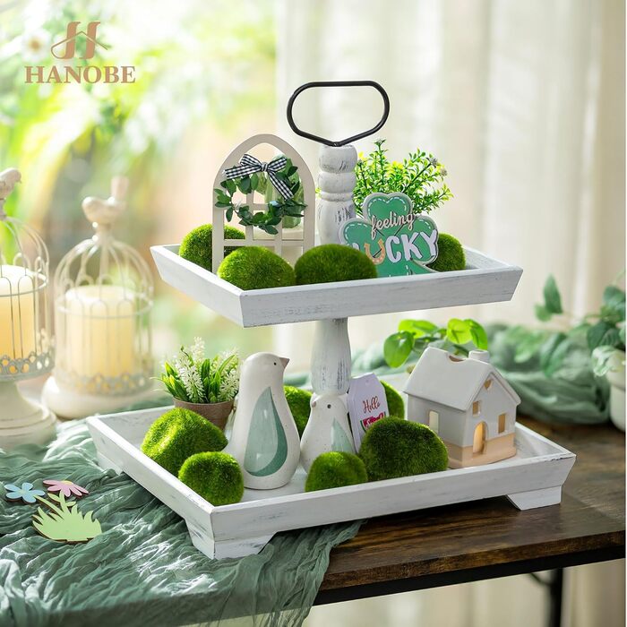 Hanobe Decorative Table Tray Etagere Wood: White Washed Wood Tray Large Rectangular with 2 Tiers Farmhouse Decorative Tray Vintage Shabby Serving Tray for Home Coffee Corner Bathroom