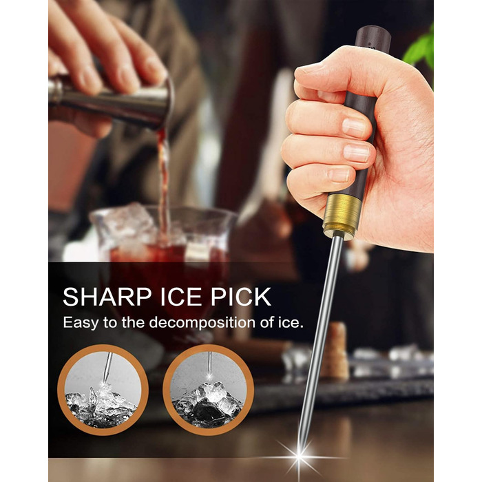 Stainless steel ice pick with safety cover, pick tool for breaking ice, non-slip wooden handle for easy gripping, 22.9 cm length (2 pack)