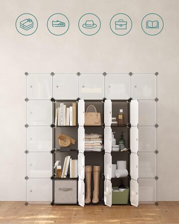 SONGMICS Regal System, Shoe Rack, Set of 16 Cubes, Plastic Wardrobe, with Doors, Plug-in Shelf, Storage for Clothes, Shoes and Books, Easy Assembly, Grey LPC443G01