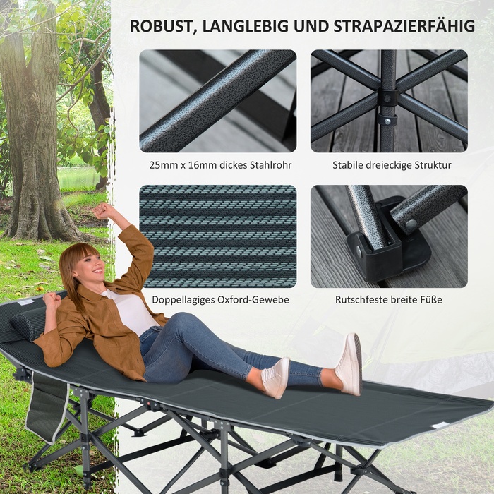 Outsunny Folding Sun Lounger with Head Pillow and Side Pocket, Integrated Storage Bag, Metal and Oxford Fabric, 188 x 64.5 x 53 cm, Grey | Aosom